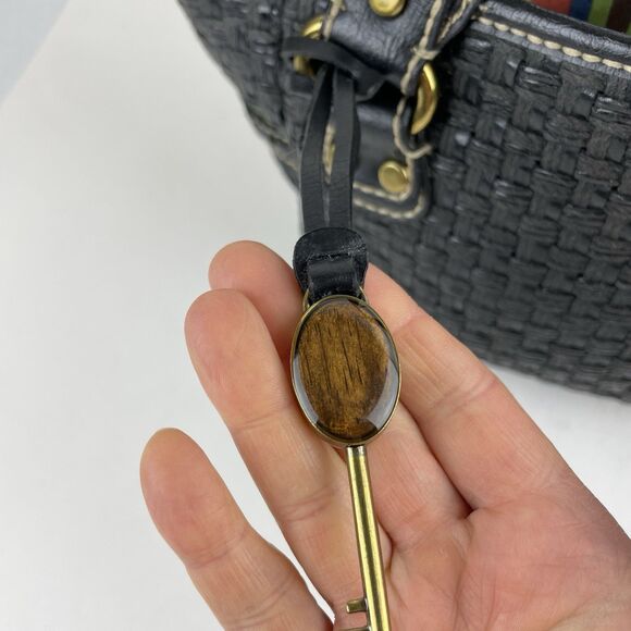 Fossil Modern Vintage Raffia Black Rattan Leather Woven Satchel Shoulder Bag Key - Picture 3 of 16